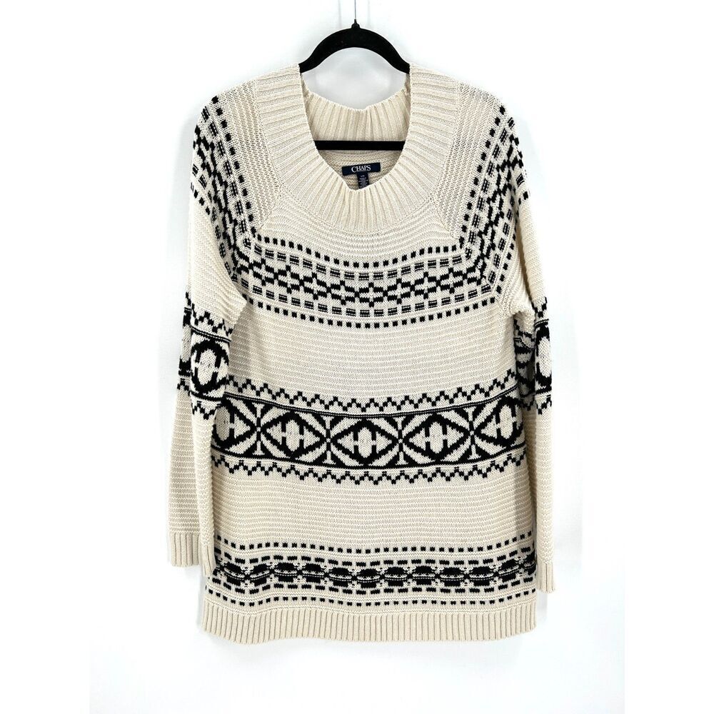 CHAPS Ivory Black Knit Oversized Nordic Stripe Tunic Sweater Size Large